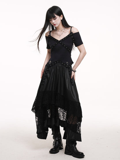 Black Elastic Waist Asymmetrical Hem Lace Patches Skirt