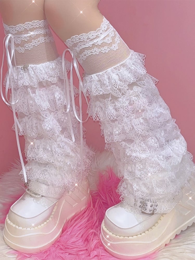 White Lace Floral Pattern Bowknot Details Semi-sheer Leg Sleeves With Self-tie Straps