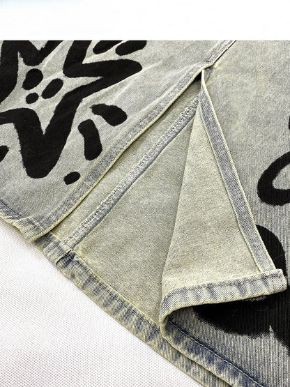 Blue Y2K Kitty And Bowknot Print Denim Skirt