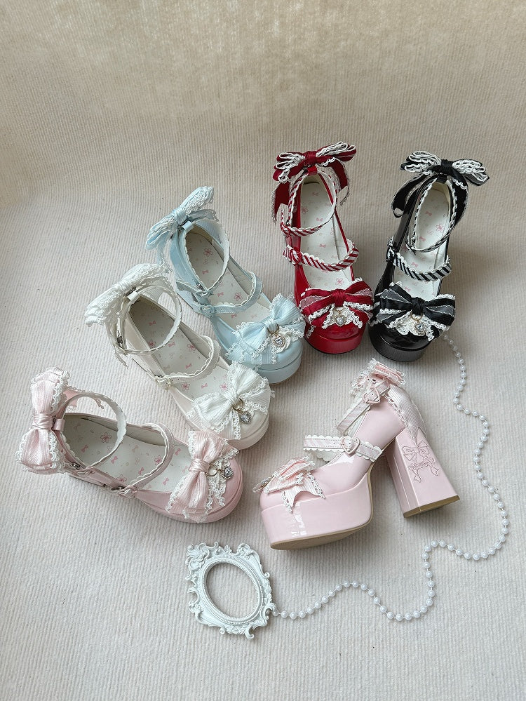 PU White Elegant Lolita Mary Janes - High Block Heel Design, Rhinestone Decor Bow & Striped Straps
