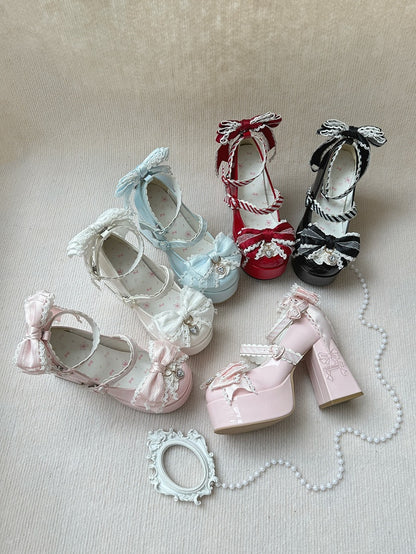 PU White Elegant Lolita Mary Janes - High Block Heel Design, Rhinestone Decor Bow & Striped Straps