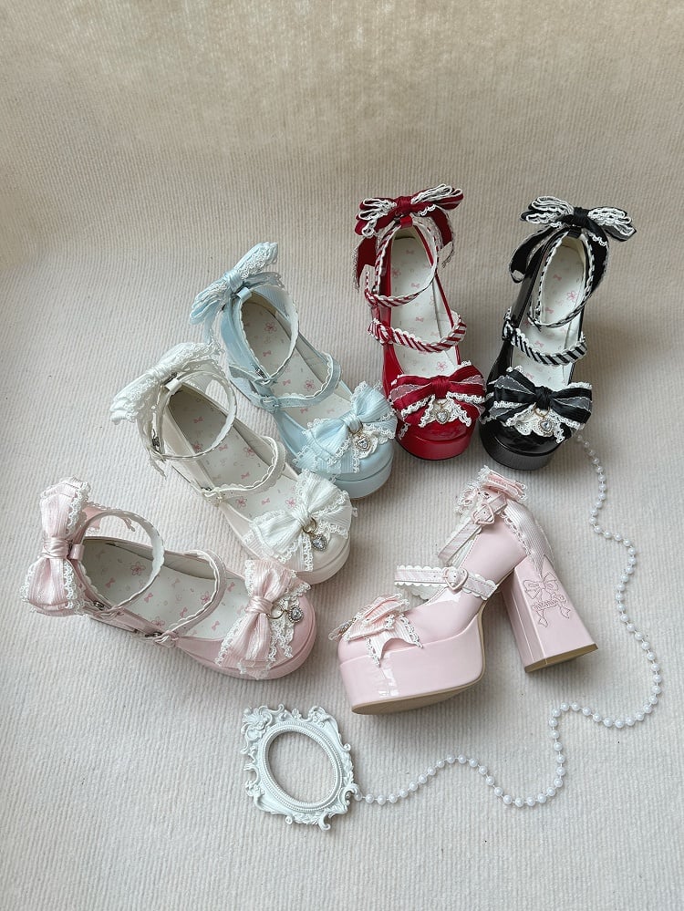 Pink Elegant Lolita High Block Heel Mary Janes with Bow Embroidery, Crystal Elements & Striped Fasteners