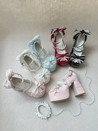 Pink Elegant Lolita High Block Heel Mary Janes with Bow Embroidery, Crystal Elements & Striped Fasteners