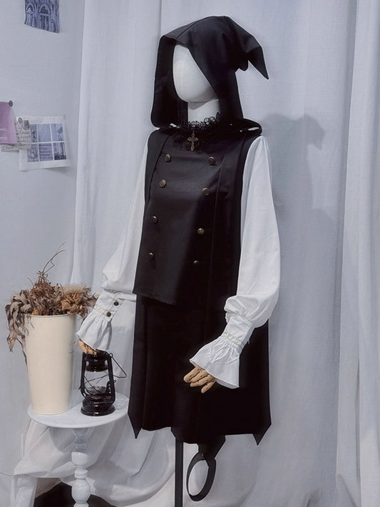 Ouji Lolita White and Black Five-Piece Set - Lace Collar Top + Detachable Pointed Hood + Ribbons + Shorts + Garter