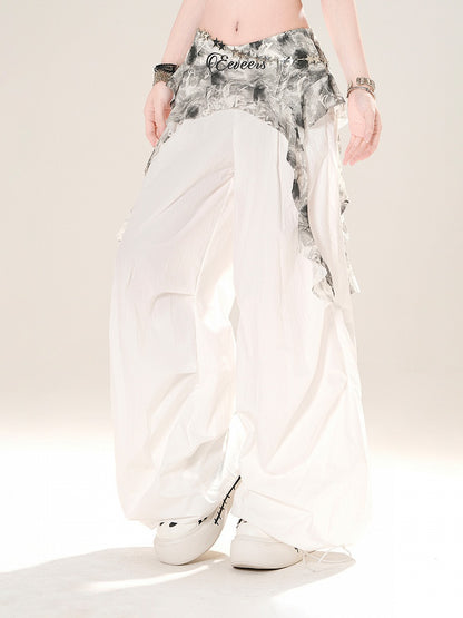 White Elastic Waist Wide-leg Casual Pants with Cascading Ruffles Waist Accessory
