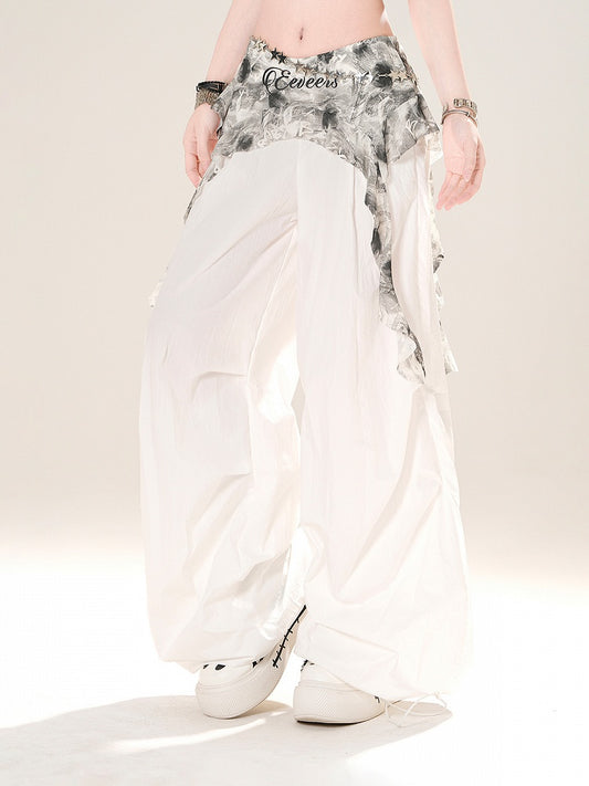 White Elastic Waist Wide-leg Casual Pants with Cascading Ruffles Waist Accessory