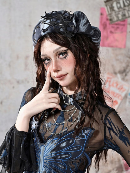 Grunge Punk Rock PU Star Studs Design Blue and Black Tie Dye Beret