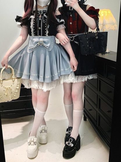 Jirai Kei Lace Trim Beaded Heart Decorated Big Bow Lace-up Back Black/Light Blue Skirt