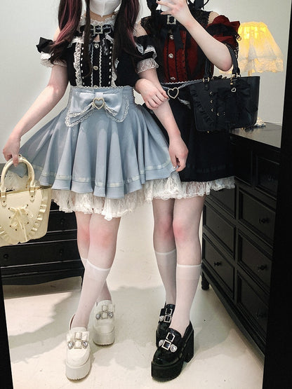 Jirai Kei Lace Trim Beaded Heart Decorated Big Bow Lace-up Back Black/Light Blue Skirt