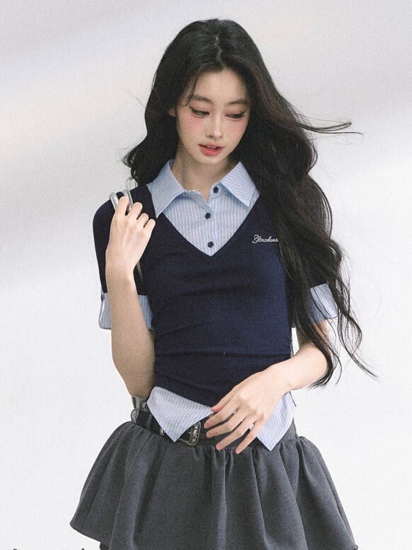 Preppy Style Polo Collar Navy Blue Striped T-shirt Faux Two-pieces