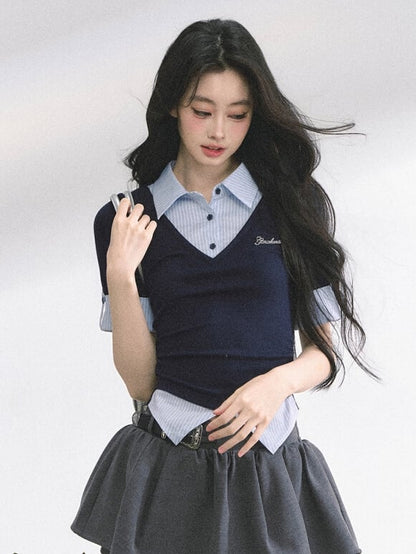 Preppy Style Polo Collar Navy Blue Striped T-shirt Faux Two-pieces