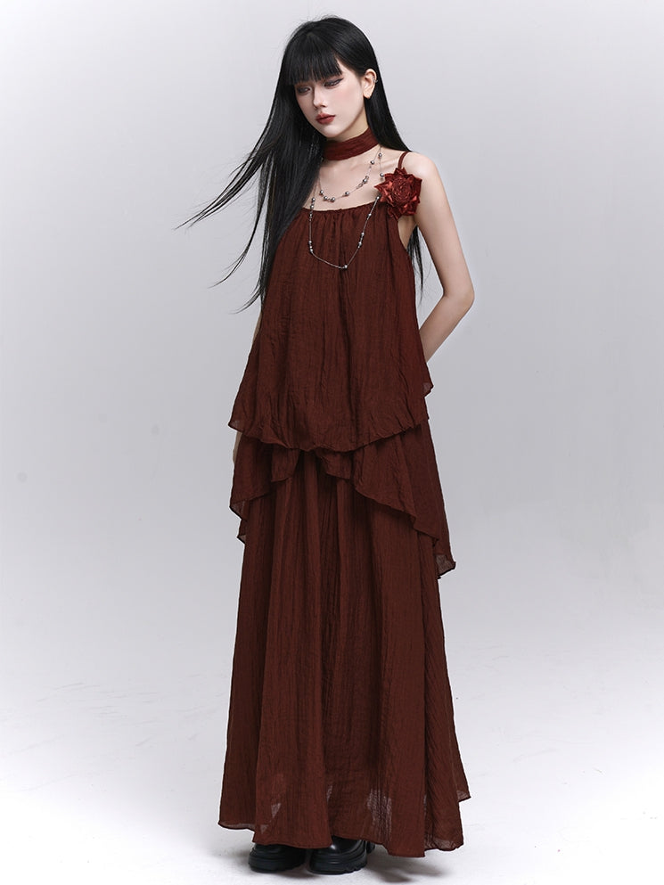 Wine Red Floral Embellished Cami Top with Scarf / Elastic Waist Skirt