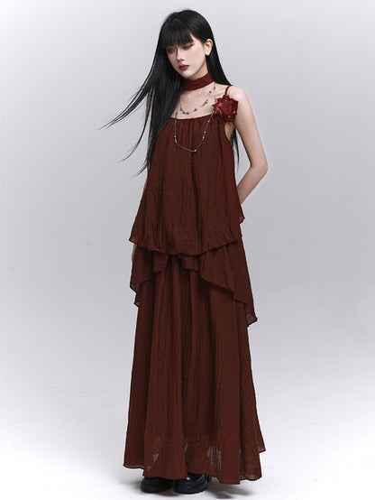 Wine Red Floral Embellished Cami Top with Scarf / Elastic Waist Skirt