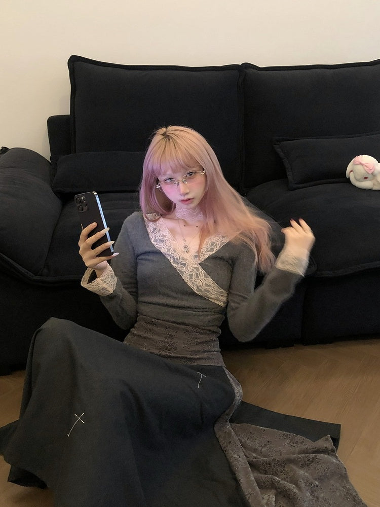 Gray & Pink Lace Trim Crossover Long Sleeve Top