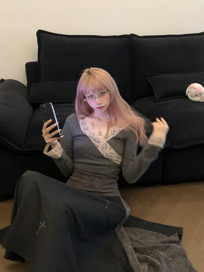 Gray & Pink Lace Trim Crossover Long Sleeve Top