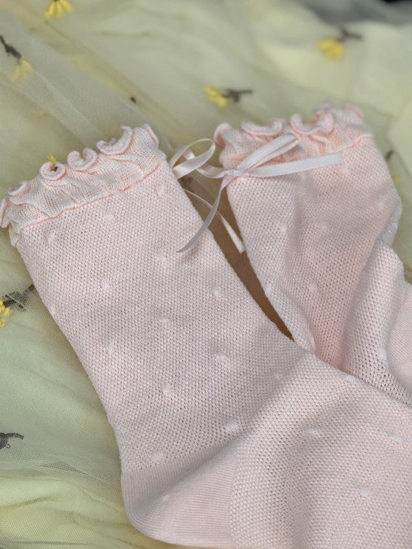 White/Black/Pink/Blue/Yellow Bowknot Details Polka-dot Pattern Ruffled Cuffs Calf Socks
