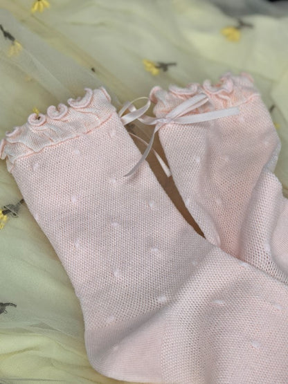 White/Black/Pink/Blue/Yellow Bowknot Details Polka-dot Pattern Ruffled Cuffs Calf Socks