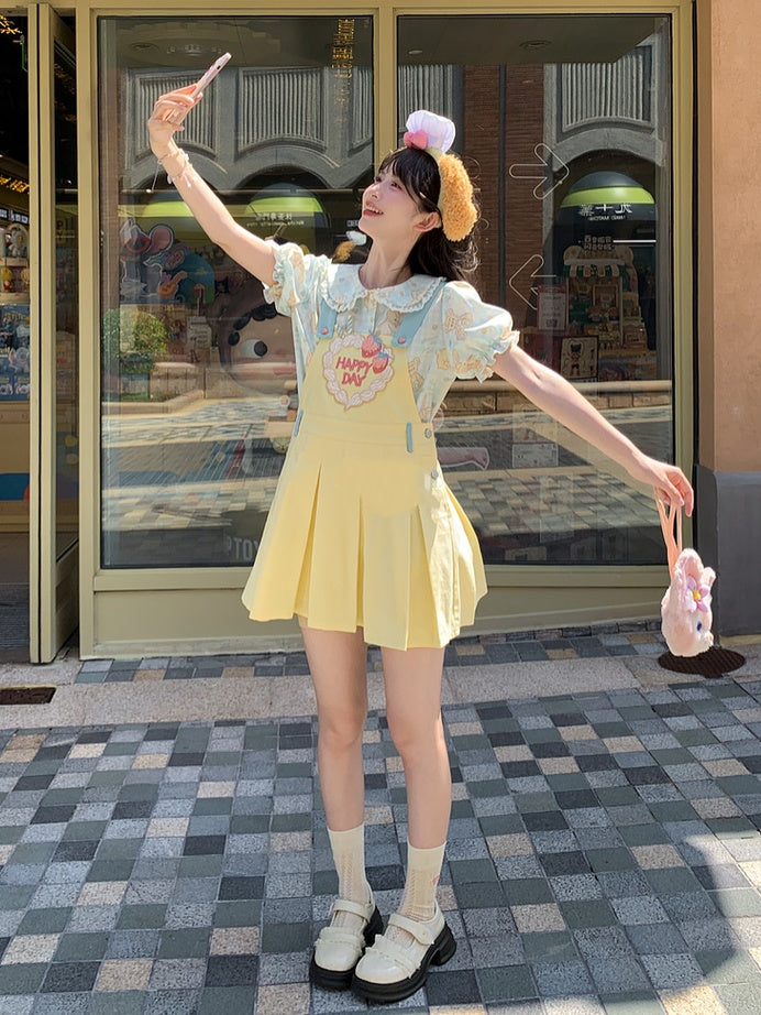 Sweet Strawberry Embroidery Yellow Box Pleat Overall Dress
