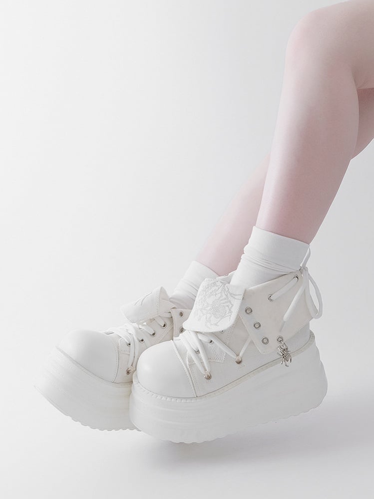 White Punk Spider Print Platform Sneakers
