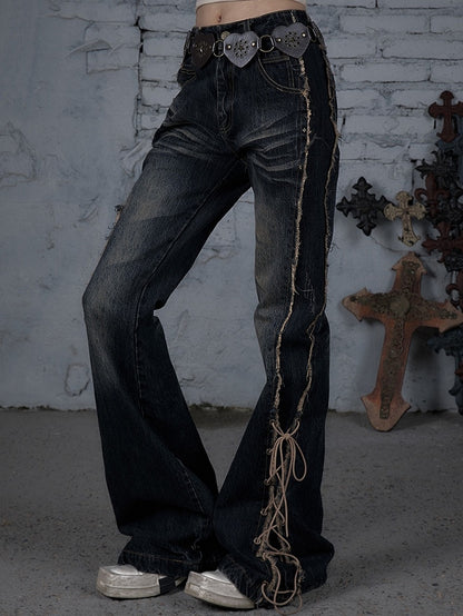 Dark Blue Wasteland Punk Raw Hem Lace-up Detail Fishtail Jeans