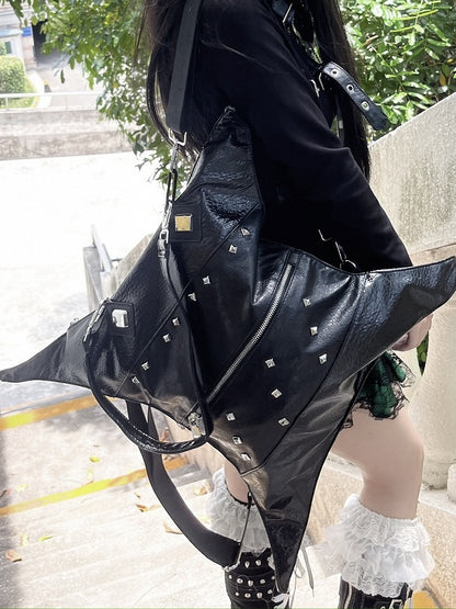Gothic Punk Studs Black Four-pointed Star Large Capacity PU Bag