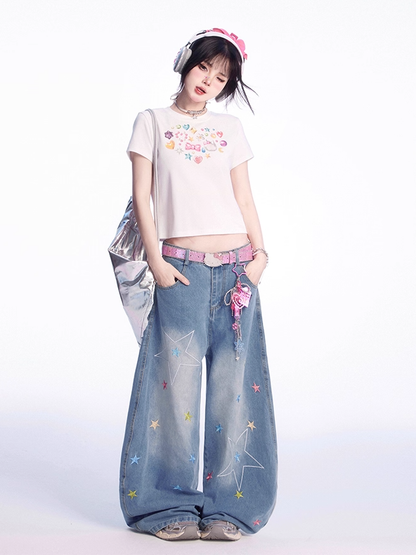 Adorable Print White Round Neck Slim Fit T-shirt