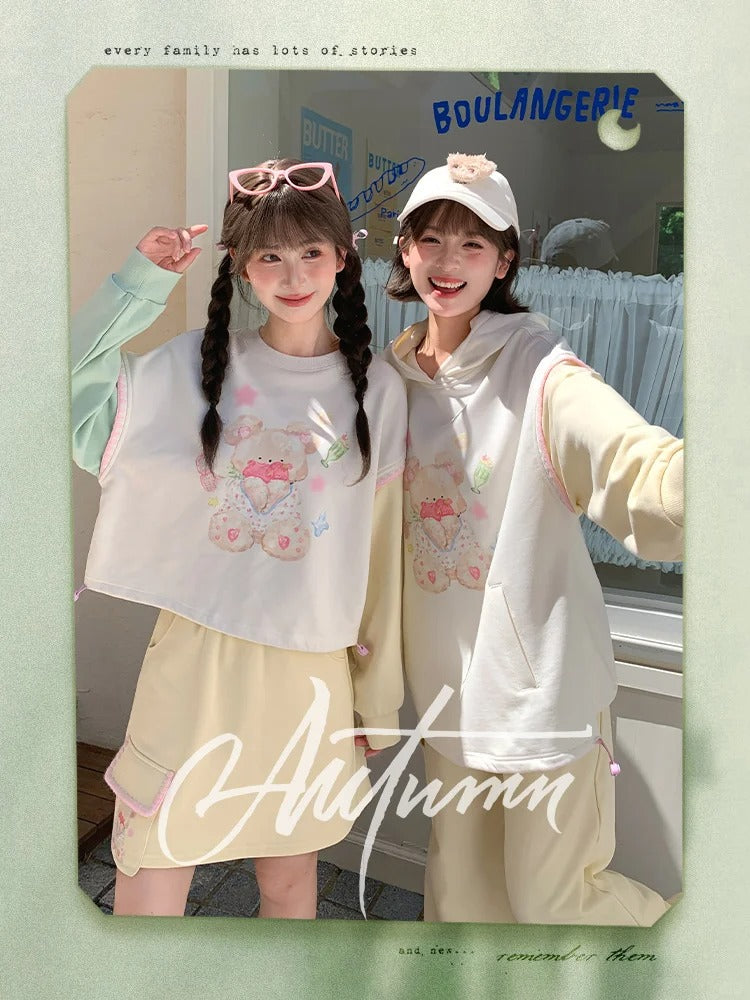 Green and Yellow Colorblock Design Teddy Bear Print Drawstring Hem Autumn Hoodie