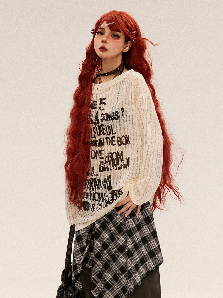 Vintage Letter Print Black/Apricot Round Neck Semi-sheer Coverup