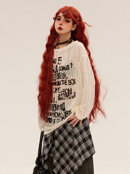 Vintage Letter Print Black/Apricot Round Neck Semi-sheer Coverup