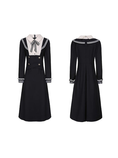 Plus Size JK Uniform Preppy Black Faux Two-Piece Midi Dress with Sailor Collar & Striped Accents