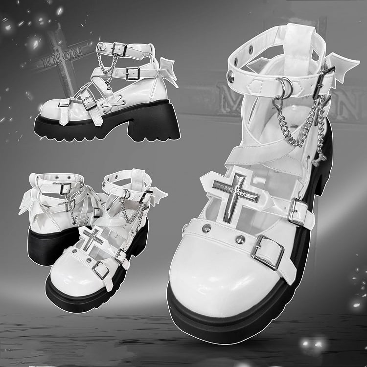 Silver-tone Studs Cross White Platform Chunky Heels Punk Shoes
