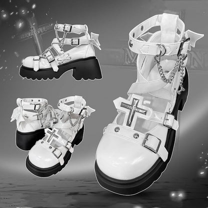 Silver-tone Studs Cross White Platform Chunky Heels Punk Shoes