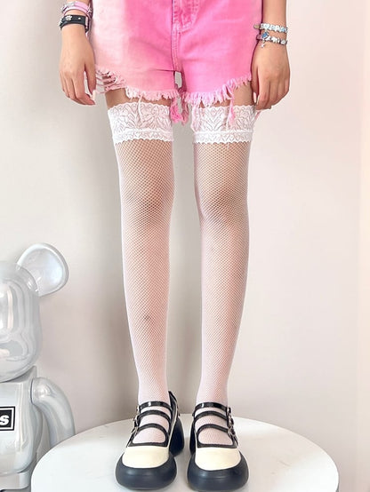 Black/Red/Khaki/White Bittersweet Lace Trim Over-knee Stockings