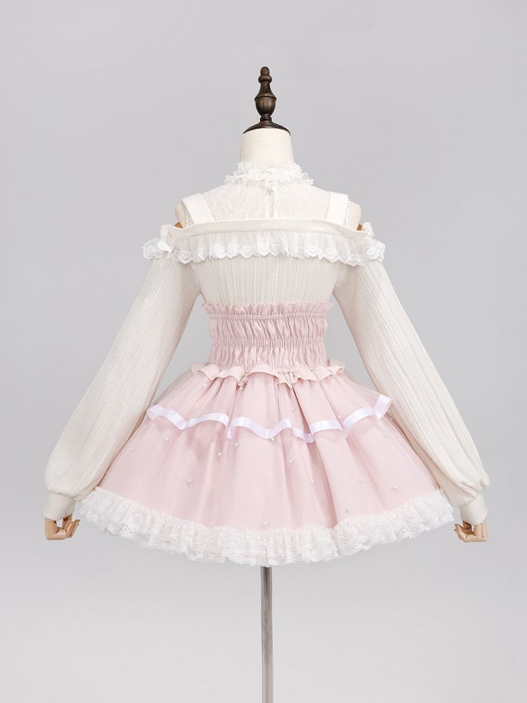 Allover Beads Pink High Waist Jirai Kei Skirt with Lace Up and Shirring Waist