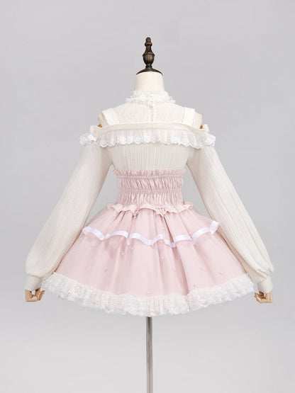 Allover Beads Pink High Waist Jirai Kei Skirt with Lace Up and Shirring Waist