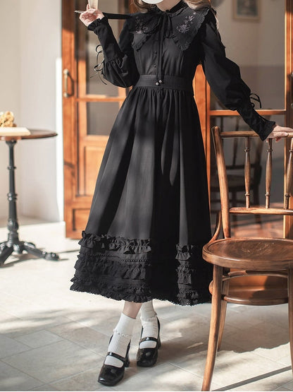 Floral Embroidery Collar Lace-up Detail Black Vintage Leg-of-Mutton Sleeves Dress