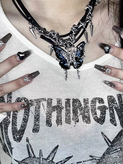 Rose Red/Dark Blue Butterfly Pendant Y2K Choker