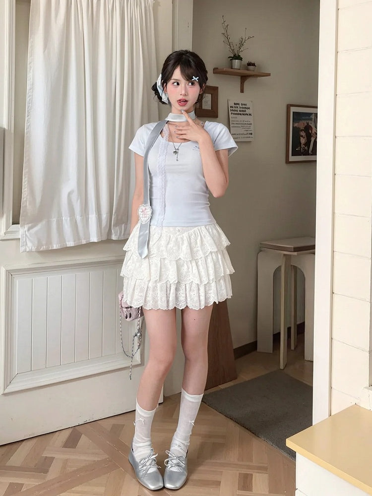 Dolphin-shaped Cutout Back Blue Scoop Neckline T-shirt