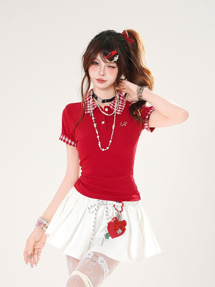 Preppy Style Red/Navy Blue Polo Collar Slim-fitting T-shirt