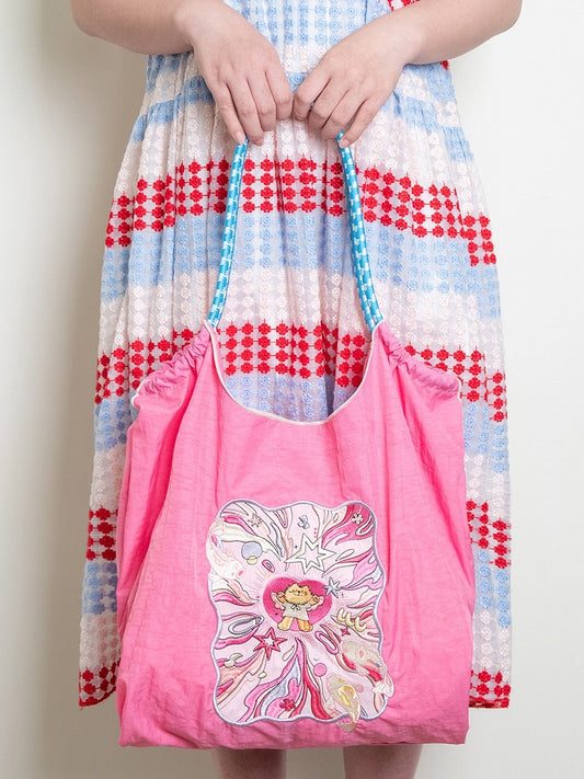 Lucky Charm Pink Large Capacity Tote Bag With Adorable Fortune Cat Embroidery