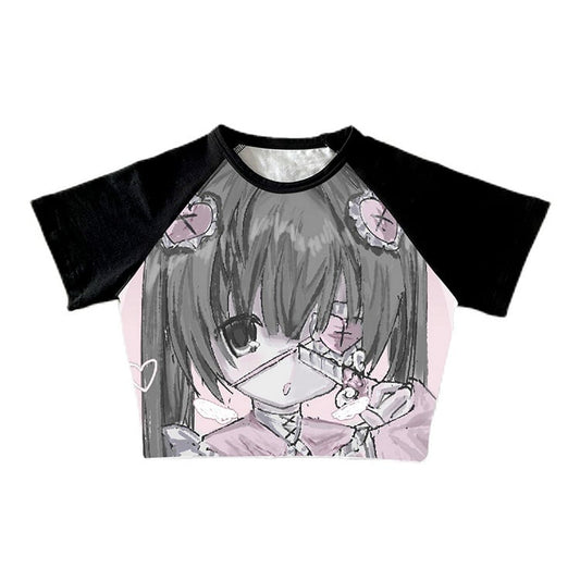 Black Cartoon Girl Print Graphic T-shirt