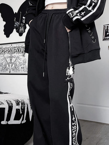 Black Gothic Letter And Cross Prin Sweatpants