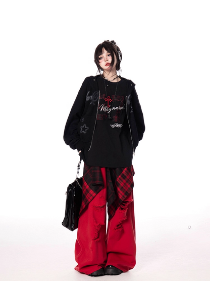 Letter and Number Print Black Round Neck Oversize T-shirt