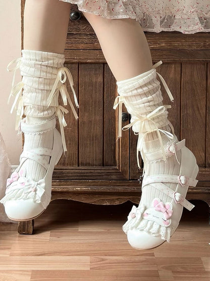 White Polka-dot Pattern Crisscross Design Bowknot Details Bunny Applique Lace Trim Sweet Lolita Shoes