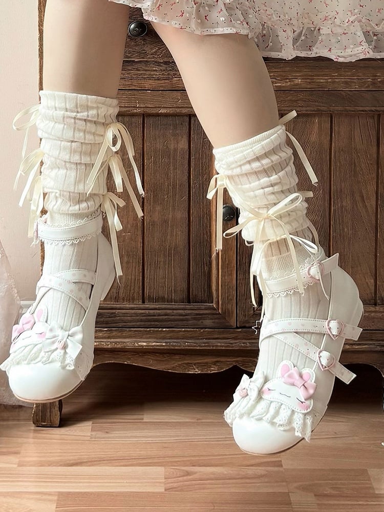 White Polka-dot Pattern Crisscross Design Bowknot Details Bunny Applique Lace Trim Sweet Lolita Shoes
