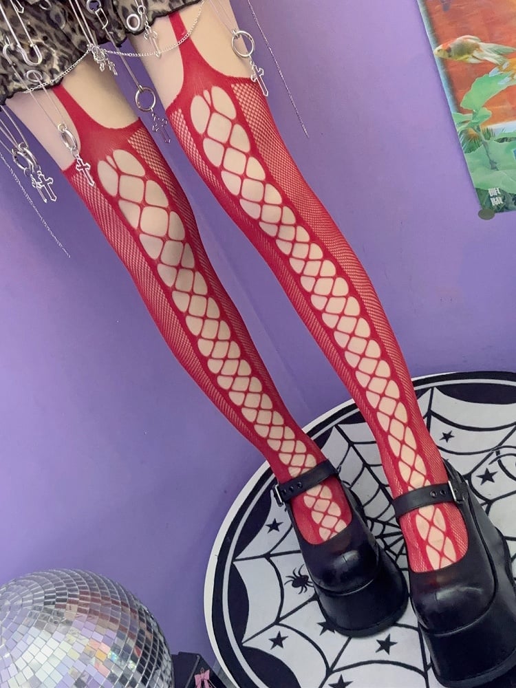 Black/Red/White Punk Rock Cut-out Design Suspender Stockings