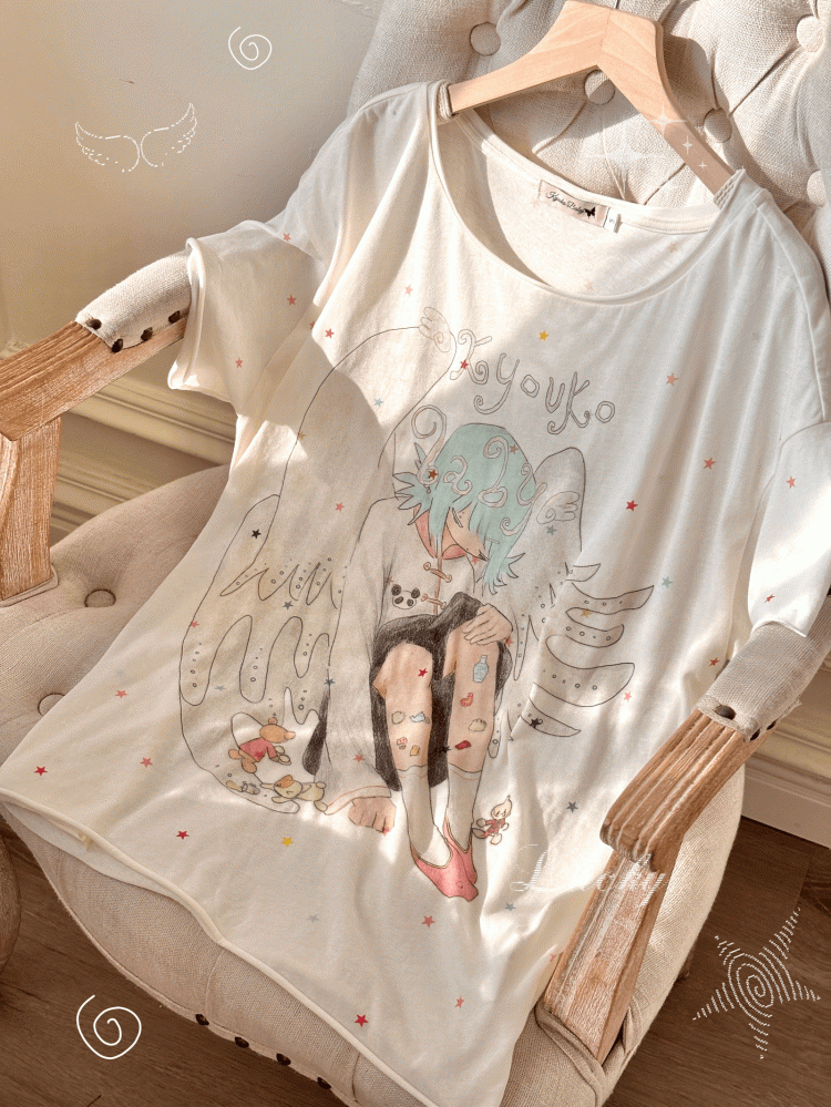 Cartoon Angel Print Apricot Round Neck T-shirt