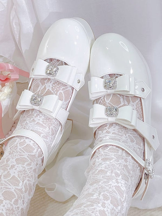 Buckle Ankle Strap Polished White Rhinestoned Bowknots Jirai Kei Platform High Heels