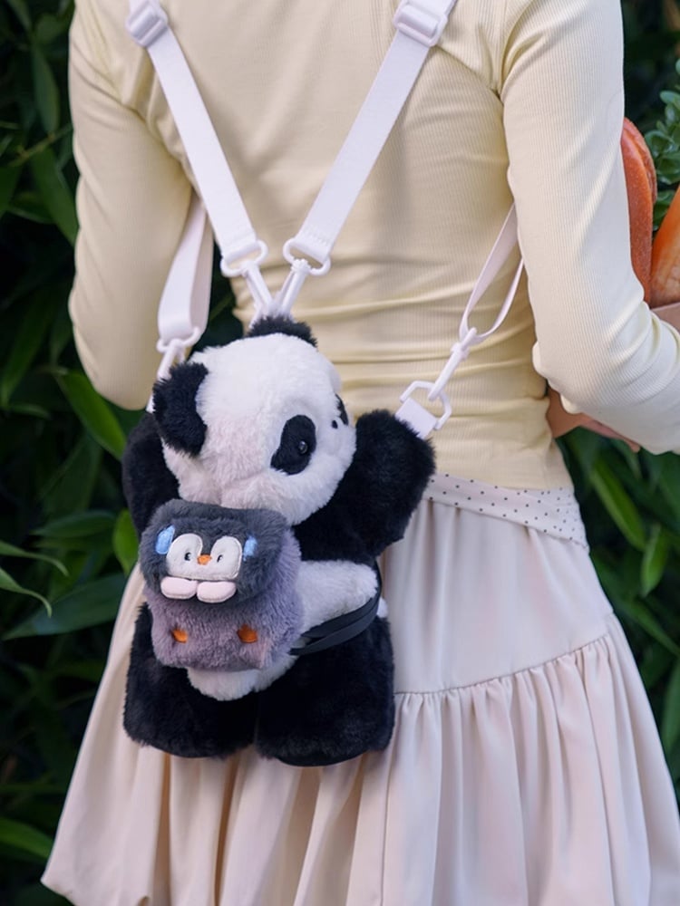 Cute Panda Plush Backpack/Crossbody Bag + Apple/Penguin Backpack Keychain