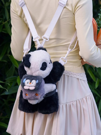 Cute Panda Plush Backpack/Crossbody Bag + Apple/Penguin Backpack Keychain